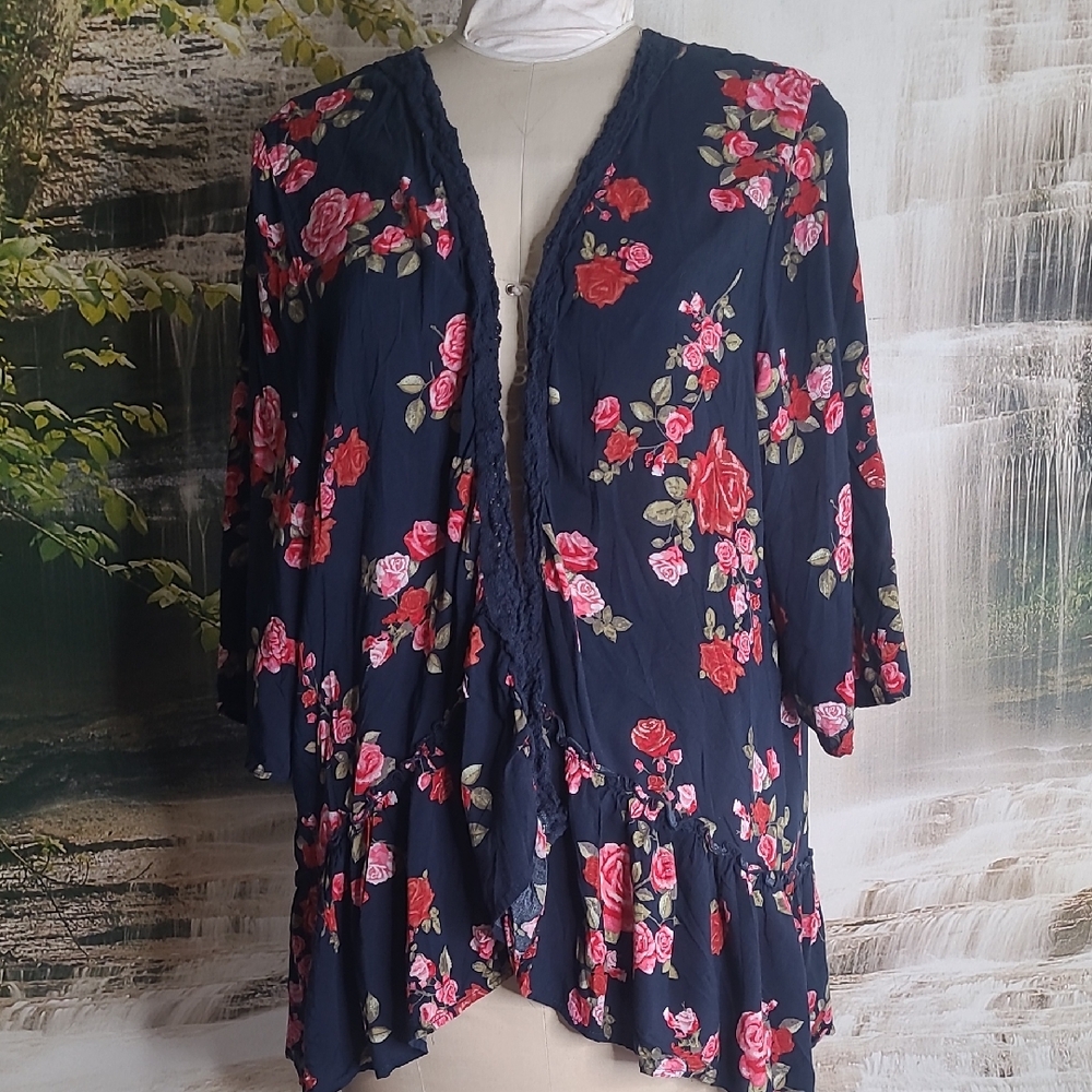 Maurices Womens 2 Dark Blue Floral Breezy Lightweight Flowy Kimono Cardigan